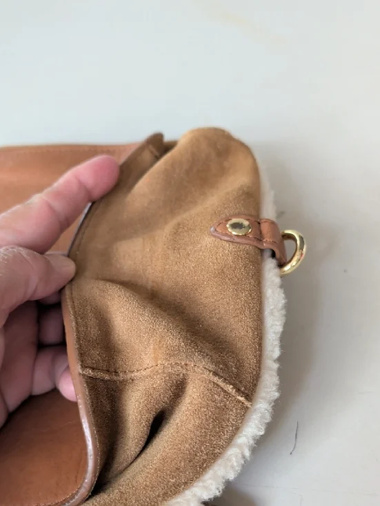 UGG Tan Suede Crossbody with Floral Embroidery Wool Trim Roomy Chic Lightweight - Picture 8 of 13